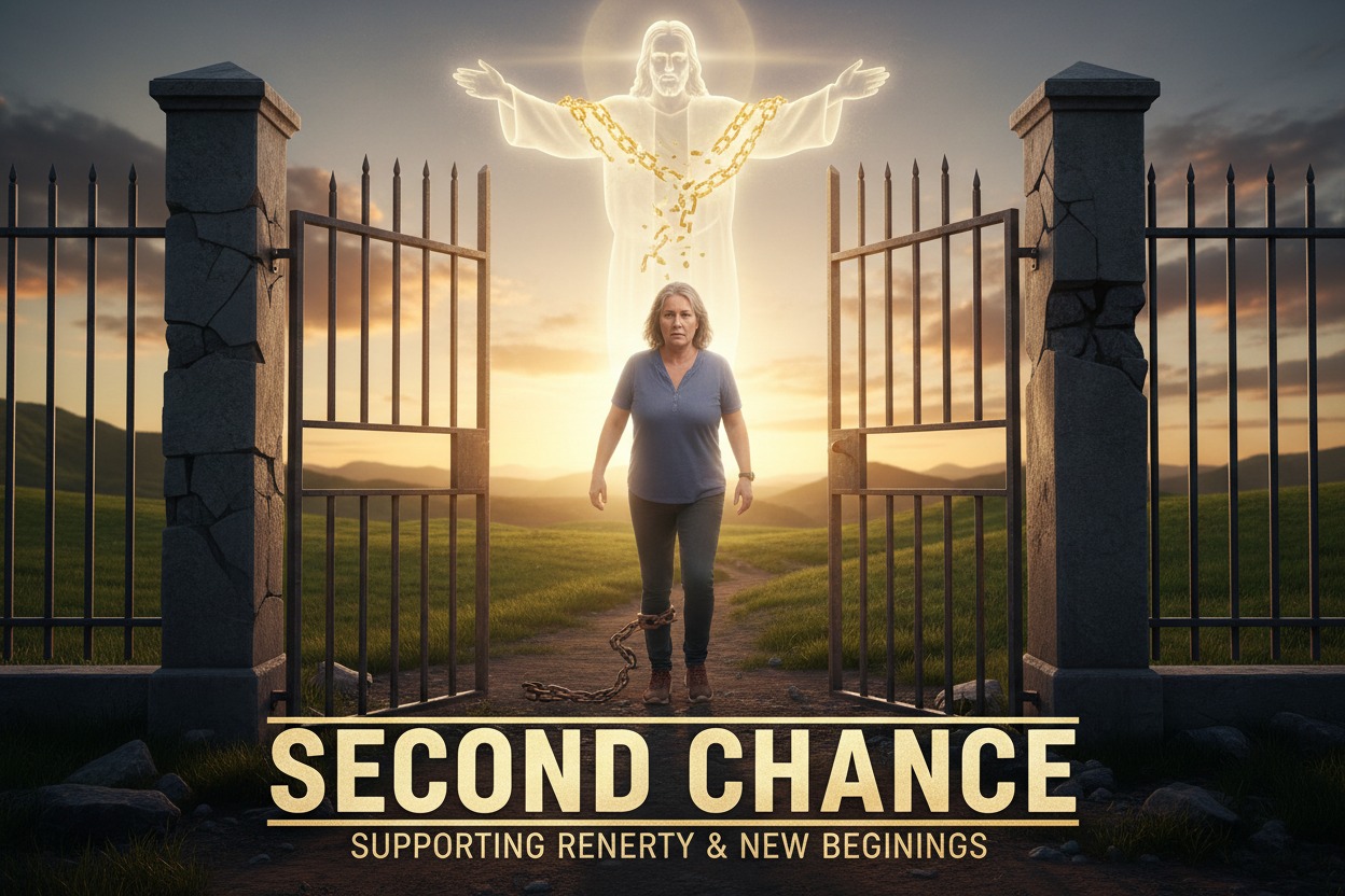 Rehabilitated and fresh out of halfway house citzens need help symbol something with breaking chain jesus and average aged citzen stepping out a prison looking up